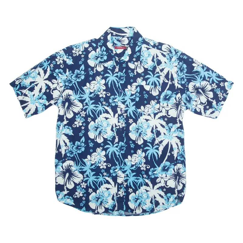 CASUAL Mens Hawaiian Shirt Blue Floral L