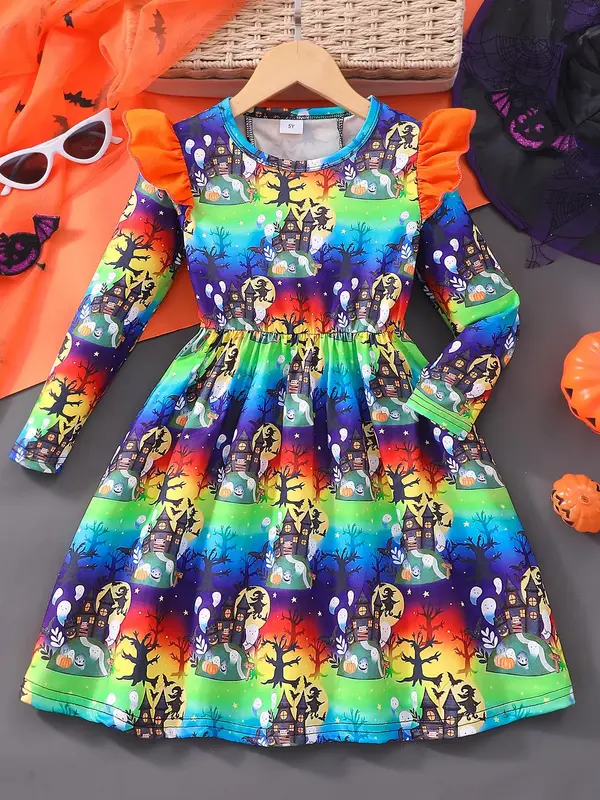 Girl's All Over Cartoon Castle Print Bow Back Ruffle Trim Dress, Casual Long Sleeve Round Neck A Line Dress for Party Holiday...