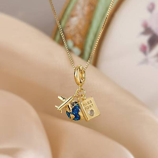 Airplane & Earth & Passport 304 Stainless Steel Micro Pave Clear Cubic Zirconia Pendant Necklaces
