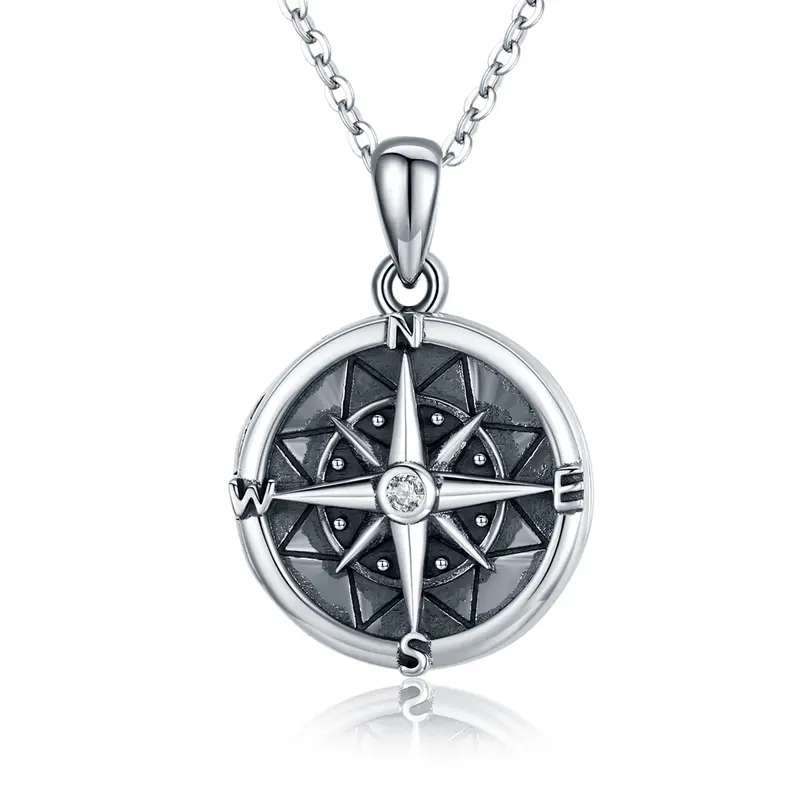 Sterling Silver Two-tone Cubic Zirconia Compass Pendant Necklace