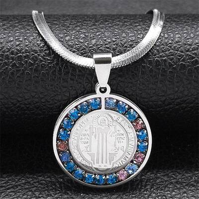 Colorful Rhinestone Saint Benedict Pendant Necklaces