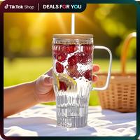 32oz Vintage Glass Cup with Handle with Bamboo Lids and Straws - Borosilicate Glass Tumbler for Hot and Cold drinks Bottle Mu...