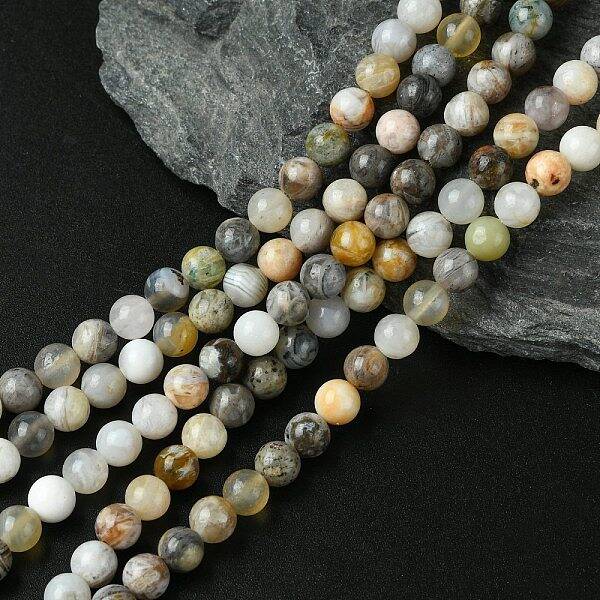 Natural Bamboo Leaf Agate Round Bead Strands