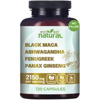 4-in-1 Organic Black Maca Root, Ashwagandha, Fenugreek, Panax Ginseng Supplement for Men and Women in Capsules by Why Not Nat...