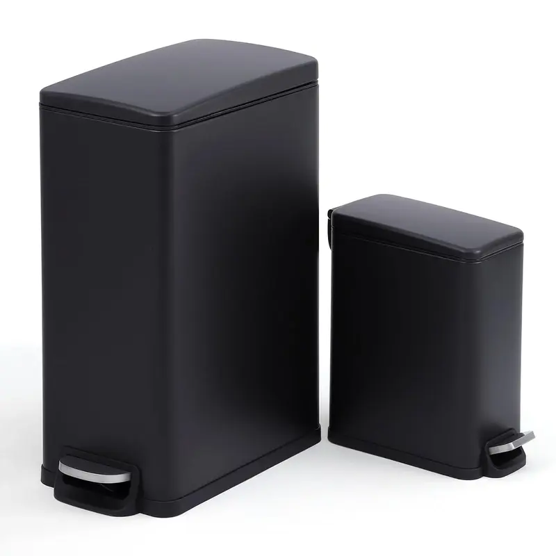 Garvee 12 Gal And 2.6 Gal Stainless Steel Trash Can Combo Set, Slim Garbage Can For Kitchen And Bathroom, Black