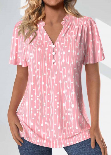 Modlily Pink Frill Geometric Print Short Sleeve Split Neck Blouse - L