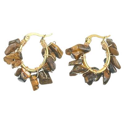 Natural Tiger Eye Chips Braided Hoop Earrings