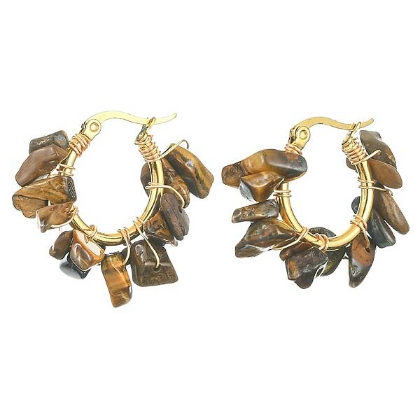 Natural Tiger Eye Chips Braided Hoop Earrings