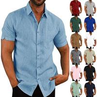 2025 Summer Lapel Solid Color Short Sleeve Button Men's Linen Shirt Men's Dress Shirt