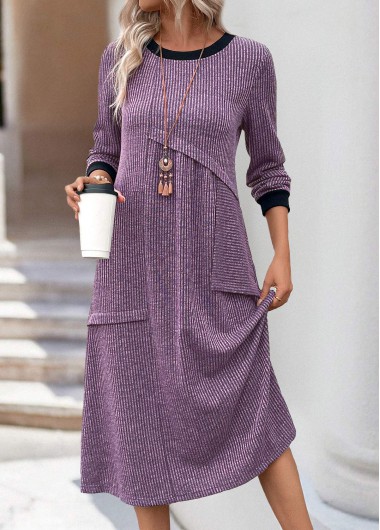 Modlily Dusty Purple Tummy Coverage Long Sleeve Round Neck Dress - XL