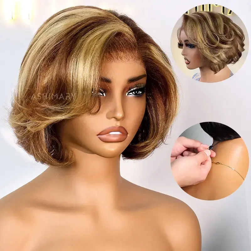 Salon-Free Layer Cut Yaki Straight Highlight Bob Wig Glueless 6x4.5 Lace Pull Go Human Hair Wig Blow Out Hairstyles