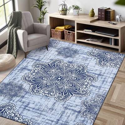 Garvee Large Area Rug 8x10 Vintage Medallion Rug Non Slip Non Shedding Thin Rug Low Pile Indoor Floor Carpet Traditional Floo...