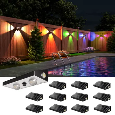 JACKYLED Solar Fence Lights 3-Way Lensed LED 10 Modes RGBCW Multi-Color 50 Lumens IP65 Waterproof for Outdoor Garden Backyard...