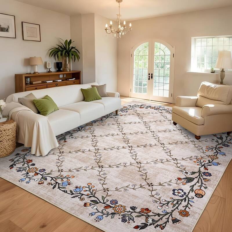 Garvee Floral Beige 10x13 Washable Area Rugs for Living Room: Modern Floral Non Slip Large Area Rugs for Bedroom, Large Machi...