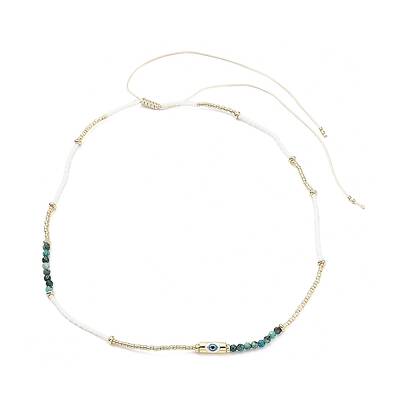 Adjustable Miyuki Seed & Natural African Turquoise & Brass Evil Eye Beaded Necklaces