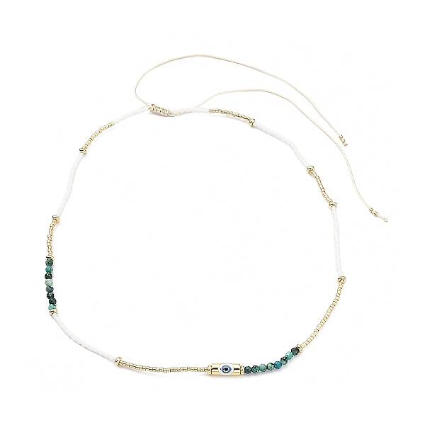 Adjustable Miyuki Seed & Natural African Turquoise & Brass Evil Eye Beaded Necklaces