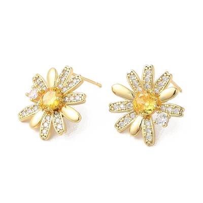Flower Brass Micro Pave Cubic Zirconia Stud Earrings for Women