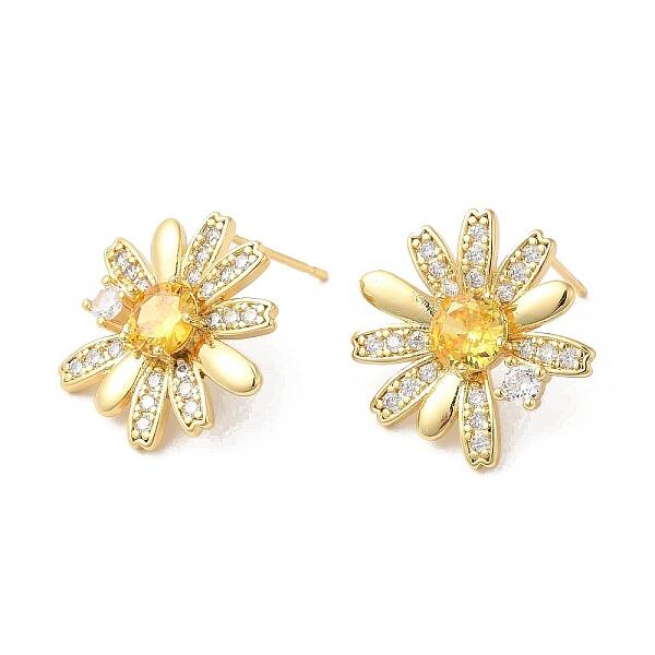 Flower Brass Micro Pave Cubic Zirconia Stud Earrings for Women