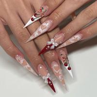 Cherry & Bowknot Decor Fake Nails with Tools, 24pcs/box Long Pointed False Nails for Women & Girls DIY Nail Art, Effortless P...