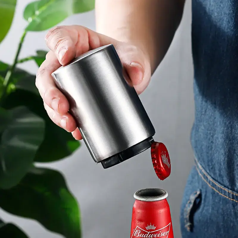 Premium Beer Bottle Opener (Silver), Magnetic Automatic Stainless Steel Push Down Opener, No Cap Can Escape, Quick Open Cap f...