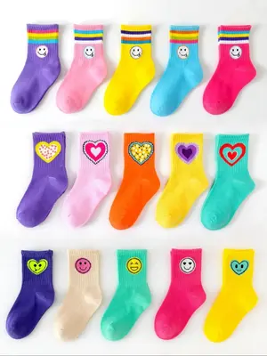 Girl's Colorblock & Heart Print Cute Expression Print Crew Socks, Soft Comfy Breathable Socks for Daily Wear, Kids Socks for ...