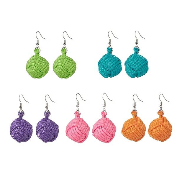 Handmade Polyester & Spandex Braided Ball Dangle Earrings with Natural Wood Beaded