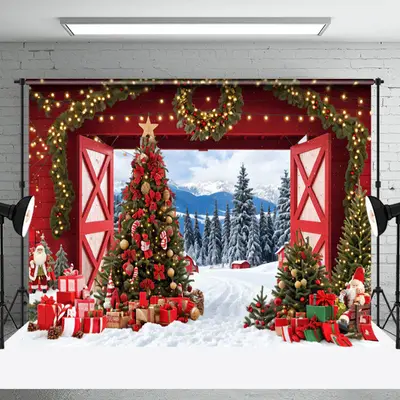Aperturee Red Barn Door Light Wreath Forest Christmas Backdrop - Aperturee