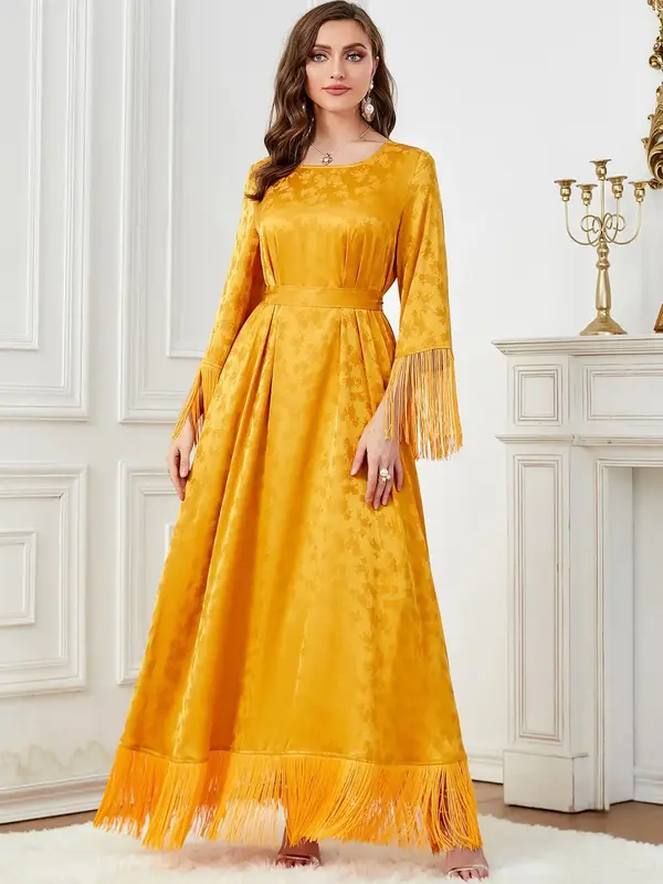 Arabic Clothing-Floral Jacquard Fringe Trim A Line Dress, Elegant Flounce Sleeve Belted Long Dress for Spring & Fall, Women...