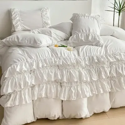 Solid Color Duvet Cover Set, 3 Counts/set Layered Ruffle Hem Set Including Duvet Cover & 2 Counts Pillowcase without Filler f...