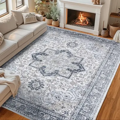 Garvee Machine Washable Rug 9x12 Neutral Floral Vintage Area Rug Light Blue Non-Slip for Living Room Bedroom Dining Room