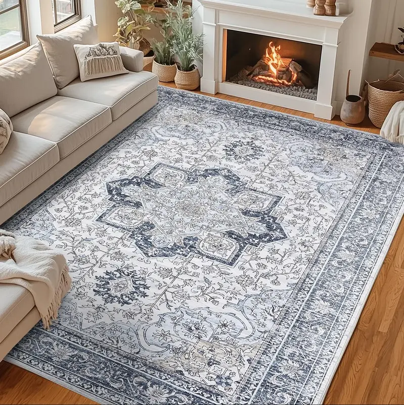 Garvee Machine Washable Rug 9x12 Neutral Floral Vintage Area Rug Light Blue Non-Slip for Living Room Bedroom Dining Room