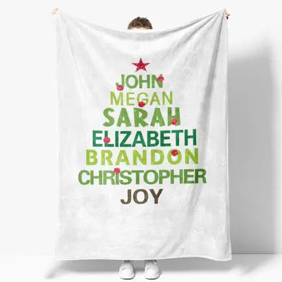 Personalized Name White Text Tree Christmas Blanket - Aperturee