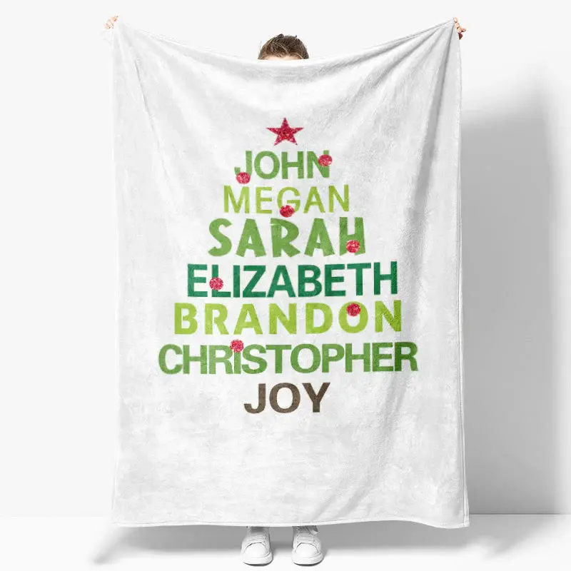 Personalized Name White Text Tree Christmas Blanket - Aperturee