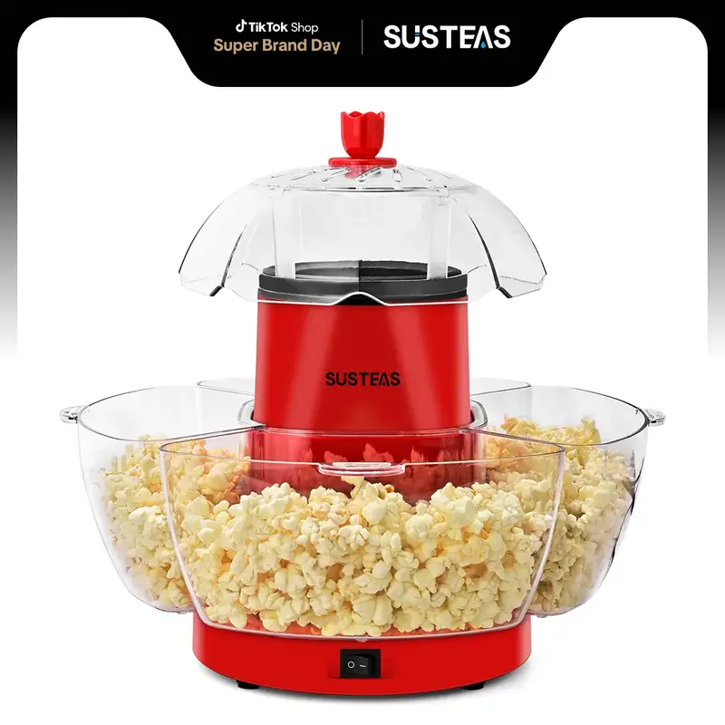 SUSTEAS American Hot Air Popcorn Maker, Electric Popcorn Maker with 4 Serving Bowls and Measuring Cup, Oil-Free, Crunchy & Cr...