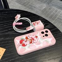 Cute Cartoon Strawberry Girl Pattern Phone Case with Data Cable Protector, Shockproof Phone Protective Cover, Phone Accessori...