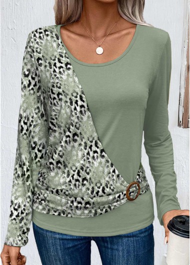 Modlily Sage Green Patchwork Leopard Long Sleeve T Shirt - M
