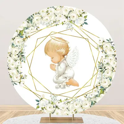 White Gold Floral Leaves Angel Baby Baptism Backdrop