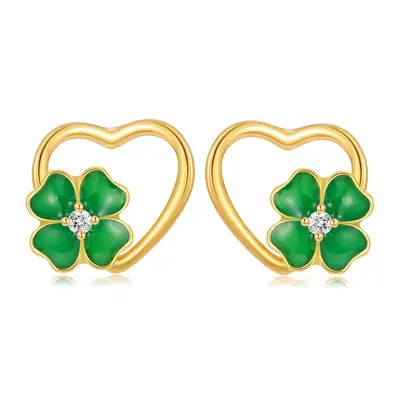 14K Gold Circular Shaped Moissanite Four Leaf Clover Heart Stud Earrings