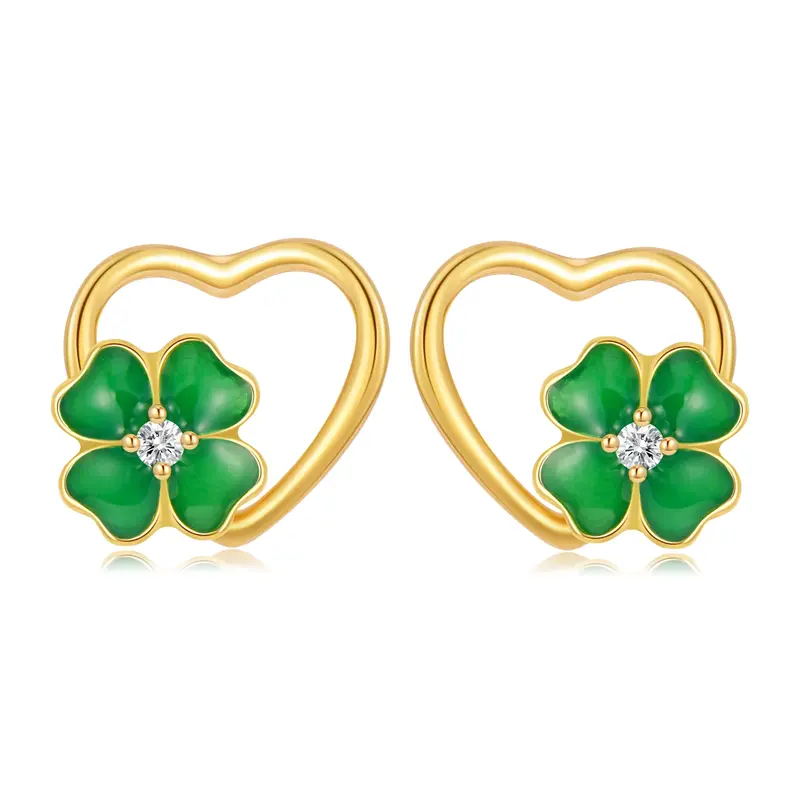 14K Gold Circular Shaped Moissanite Four Leaf Clover Heart Stud Earrings