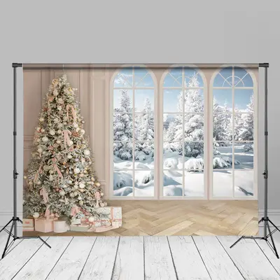 Winter Pink Decored Christmas Tree Window Floor Backdrop - Aperturee