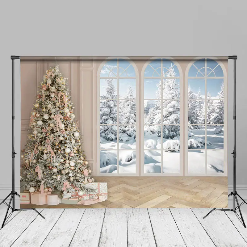 Winter Pink Decored Christmas Tree Window Floor Backdrop - Aperturee
