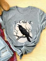 Women's Raven & Letter Print Round Neck Tee, Casual Short Sleeve Crew Neck T-shirt for Daily Wear, Ladies Clothes for All Sea...