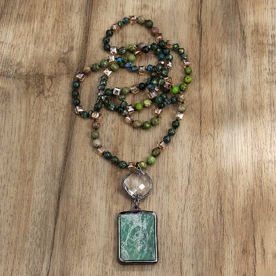Rectangle & Flat Round Bohemian Style Natural Tree Agate with Glass Pendant Necklaces