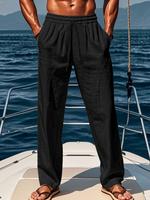 Men's Solid Drawstring Waist Linen Pants, Casual Comfy Breathable Pants for Summer, Men's Bottoms for Daily Wear, Trouser
