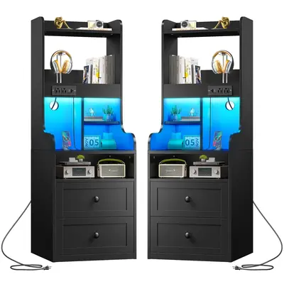 Raybee Furniture Tall Nightstand with Charging Station & LED Lights, 2 Drawers, 20 Colorful RGB Light Options, Large LED, USB...