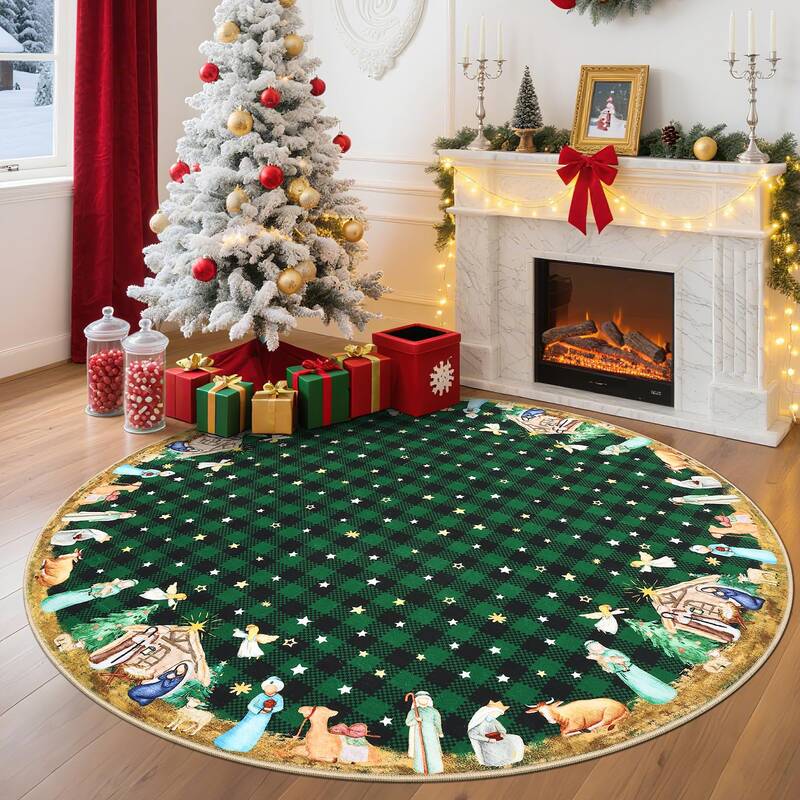 Garvee Christmas Green 4 Ft Round Non-Slip Machine Washable Rug for High Traffic Areas, Living Room, Bedroom, Entryway & Pet ...