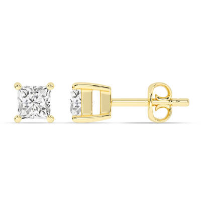 Certified Lab Grown Four Prong Princess Cut Diamond Stud Earring | 14K Yellow Gold 1 1/2 ct. tw.
