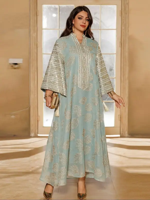 Women's Embroidery Sequins Abaya, Elegant Fashion Long Sleeve Dress for Daily Wear, Women's Islamic Clothing for Summer