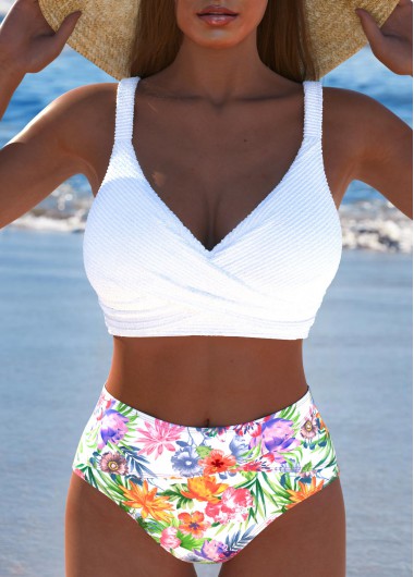 Modlily Criss Cross Floral Print White Bikini Set - S