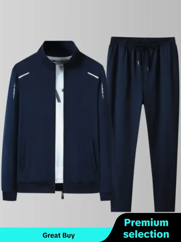 2 Counts Men's Letter Graphic Zip Up Jacket & Drawstring Waist Pants Set, Casual Wear Regular Fit Long Sleeve Mock Neck Zip F...